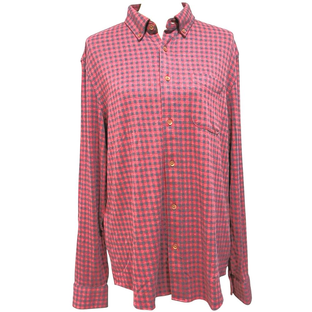 NWT Faherty Coastline Knit Long Sleeve Shirt Navy Red Gingham Cabincore Size L